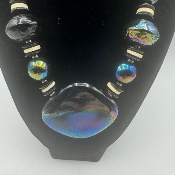 Iridescent Glass Beaded Statement Necklace With Large Centerpiece & Barrel Clasp - Picture 2 of 4